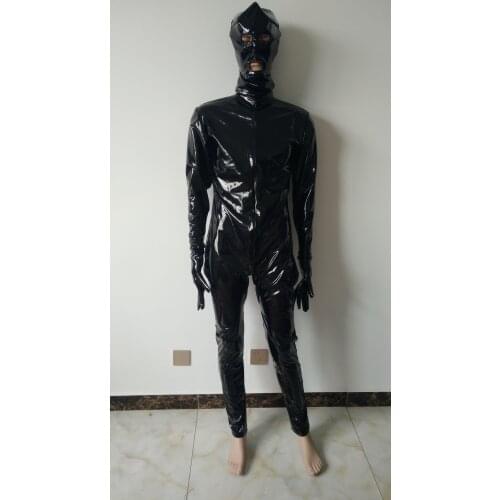 Men Women PVC Faux Leather Bodysuit Cosplay Costumes Catsuit Clubwear front double zipper to Hip with removable mask gloves