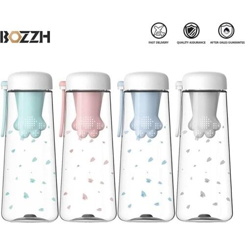 BOZZH Korean Style Cute Water Bottle with Cat Paw Plastic Water Bottles With Infuser Cartoon Cat Paw Student Bottle