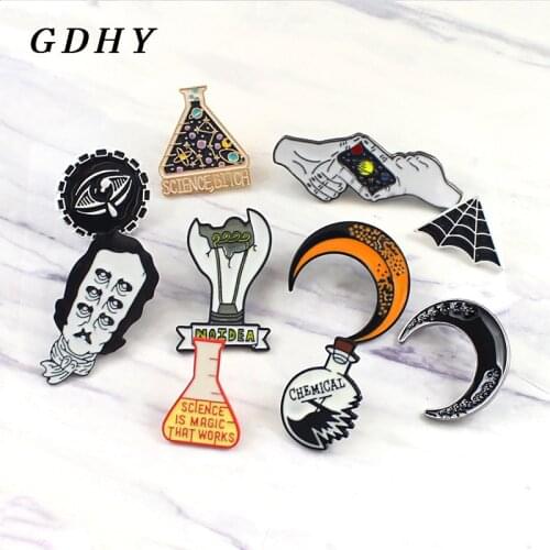 Cartoon Devil Eye,Moon,Edgar Allan Poe,Cobweb,Broken Light Bulb,"SCIENCE,SCIENCE IS MAGIC,Clumsy"Experiment Bottle Pins Brooch