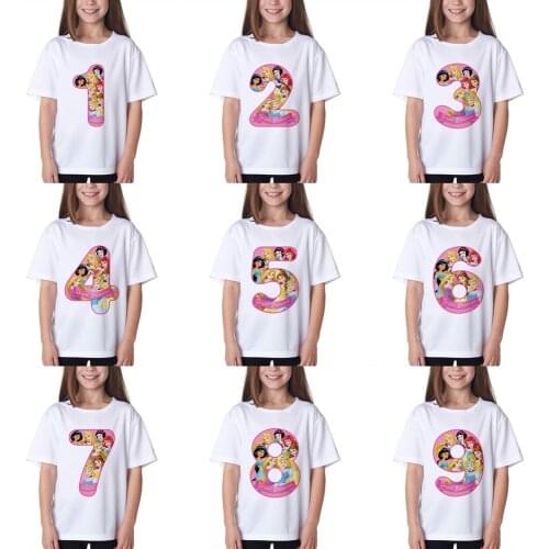 Kids Happy Birthday Number 1~9 Princess Print T-shirts Boys&Girls Cartoon Funny Present Tshirt Baby Summer Tops Children Clothes