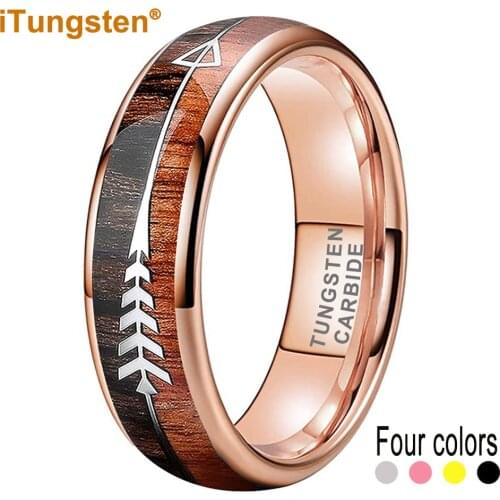 6MM Mens Tungsten Carbide Rings Womens Wedding Bands Koa Wood Arrow Inlay Domed Polished Shiny Comfort Fit