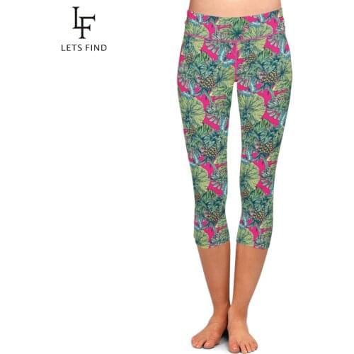 LETSFIND Fashion Workout Leggings High Elastic Milk Silk Pineapple Printed Casual Leggings High Waist Summer Capri Leggings