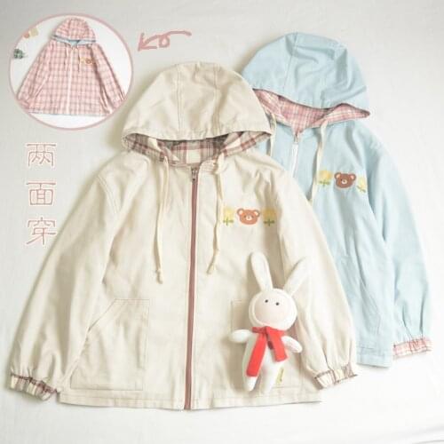 Japanese Mori Soft Girl Style Fresh Flowers Cute Bear Hooded Plaid Coat on Both Sides Kawaii Vitality Student Coat Top