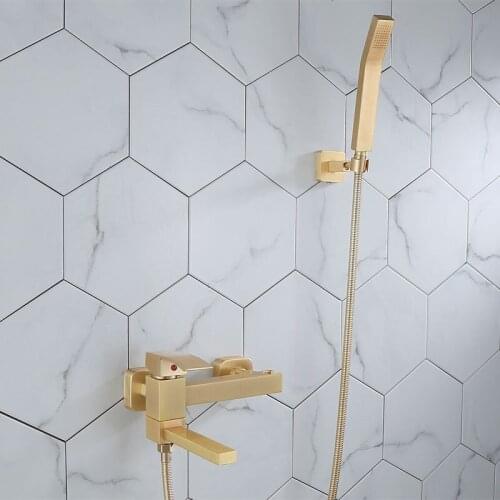 Bathtub Shower Set Wall Mounted Brushed Gold Bathtub Faucet, Bathroom Cold and Hot Bath and Shower Mixer Taps Brass