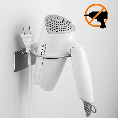 Wall Mount Hair Dryer Holder Self Adhesive No Drilling Stainless Steel Salon Bathroom Hairdryer Storage Rack Shelf W/ Cable Tidy