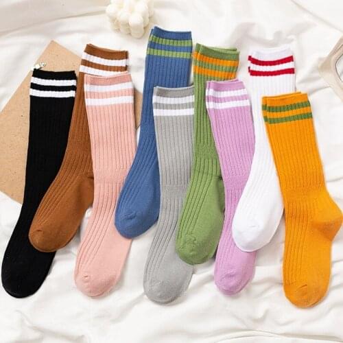 New Fashion Womens Long Socks Women College Style Stripes Sock Cotton Kawaii Cute White Purple Calf Length Crew Socks Dropship
