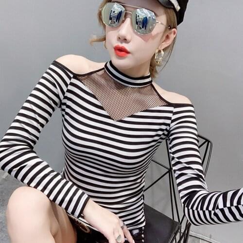 2019 Autumn New Korean version slim hollow shirt T shirt female autumn stitching mesh round neck the-shoulder T shirt