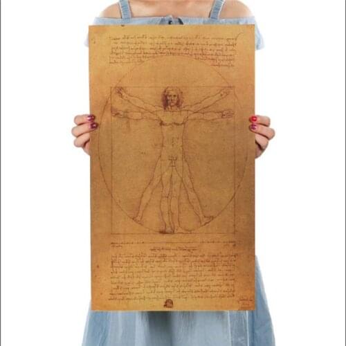 Leonardo Da Vinci Manuscript Vitruvian Man Posters Vintage Kraft Paper Movie Poster School Decor Wall Decals Art DIY Decor Prin