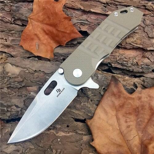 Outdoor Tactical Camping Hunting Survival Pocket Quick Folding Knife Stand Knives Beige G10 Handle D2 Blade Plain Edge EDC Tools