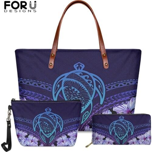 FORUDESIGNS Luxury Women 3pcs/set Handbag Hawaii Turtle Poly Tattoo Tribal Hibiscus Plumeria Print Ladies PU Leather Wallet 2020