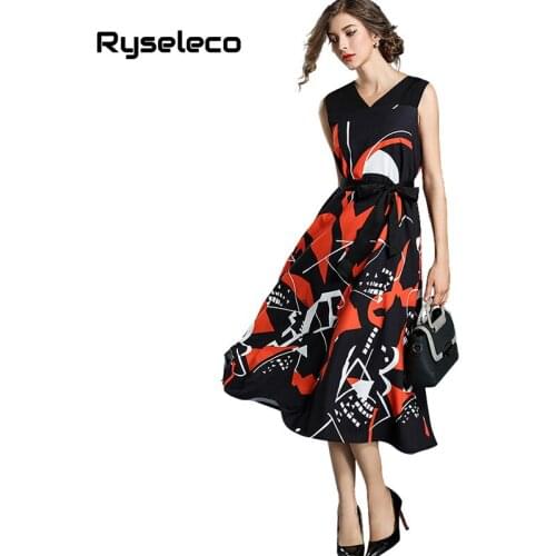 Ryseleco Women European Quality Geometric Prints Sleeveless Tank Dresses Ladies Sexy Both V-neck Swing Midi Vestidos OL Casual