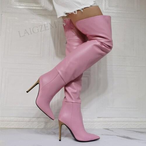 BERZIMER Women Thigh High Boots Faux Leather Back Zip Up Thin Heels Over Knee High Boots Pink Shoes Woman Big Size 41 43 44 47