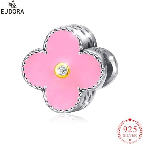 EUDORA 925 Sterling Silver pink flower Beads Charm Silver 925 Original For Bracelet Silver 925 original For Jewelry Making Z125