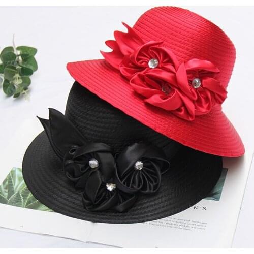 Mingli Tengda White Big Edge Hat Fashion Hand Flower Mesh Hat Wedding Accessories Hat Red /Black Mesh Cap Khaki Foldable Bride