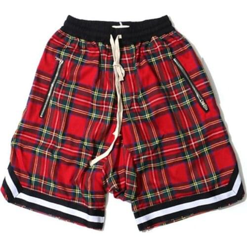 Mens Scottish Plaid Shorts Oversized Baggy Shorts Streetwear Mesh Tartan Drop Crotch Shorts Men Side Zip Stretch Knee length