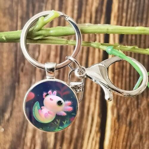 Trendy Kawaii Axolotl Keychain Glass Dome Animal Design Lobster Clasp Pendant Key Chain High Quality Keyring for Friends Gift