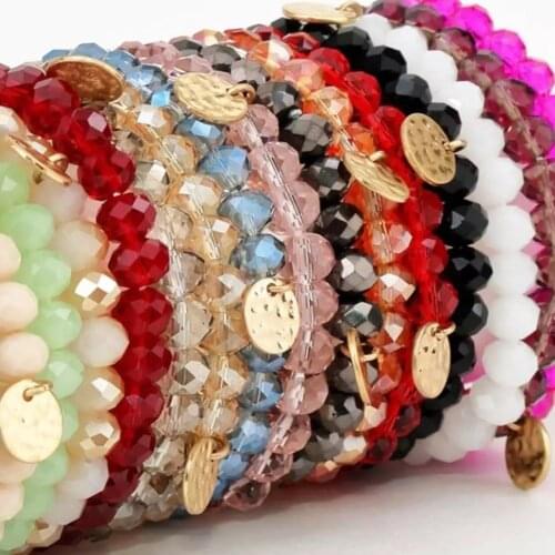 Spring Summer Design 8mm Faceted Glass Beads ELASTIC Hammered Disc Charm Bracelets for Women