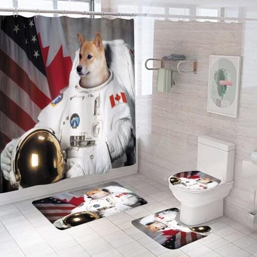 Dog Astronaut Shower Curtain Cartoon Animal Waterproof Bathroom Bath Mat Set Design Pedestal Rug Lid Toilet Cover De Home