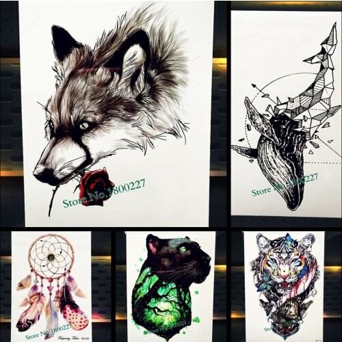 New Fashion Wild Wolf With Rose Tattoo 21x15cm Waterproof Flower Arm Tatoo Body Art For Men Women Fake Temporary Tattoo Stickers