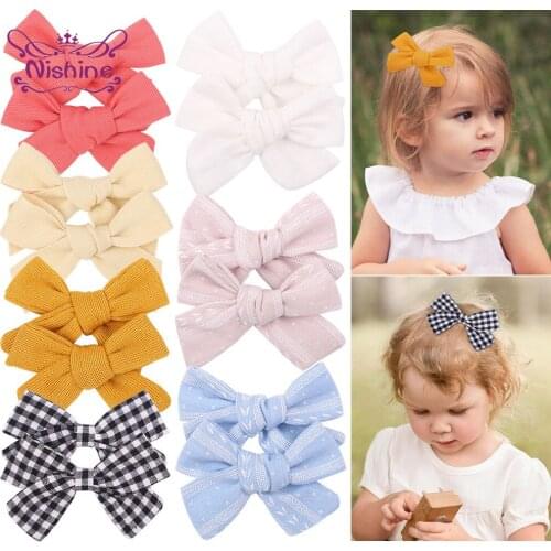 Nishine Candy Color Bowknot Wrapping Cloth Hairpin Fashion Plaids Print Bows Baby Hair Clips Kids Accessories Photography Props