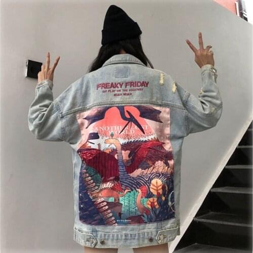 2020 Cartoon Pattern Female Jean Jacket Hole Loose Wash Old Denim Cost Clothes Women Autumn Lapel Single Breasted Chaqueta Mujer
