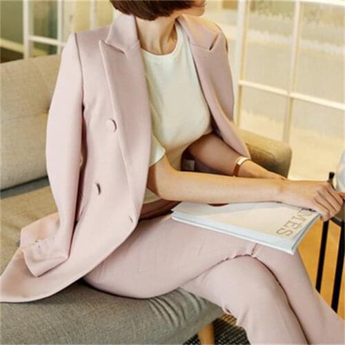 Womens clothing fashion casual suits sets / Female business coat solid color double button suit blazers+pants trousers Set T621