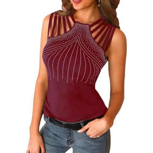 Women Sexy Sleeveless Shoulder Bandages Beads Decor Slim Plus Size Blouse Top
