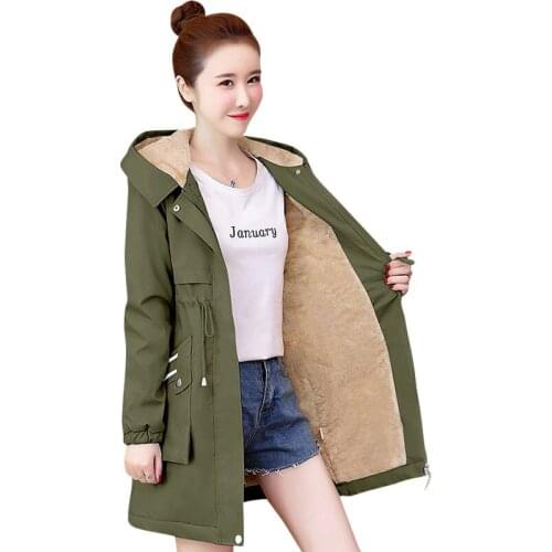 Women Windbreaker 2021 New Winter Hooded Plus Velvet Female Trench Coat Korean Mid-length Zipper Basic Ladies Outerwear Tops
