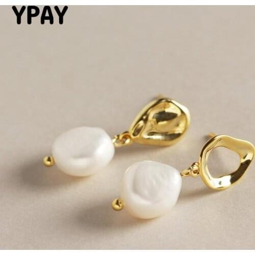 YPAY Real 925 Sterling Silver Drop Earrings INS Baroque Freshwater Pearl Asymmetric Earring for Women Japan Fine Jewelry YME455
