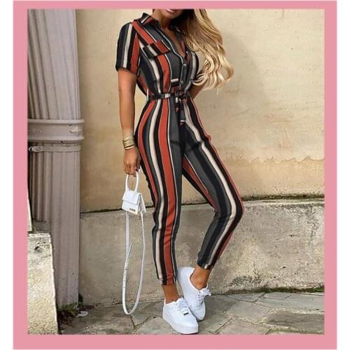 Women Casual Striped Jumpsuit 2020 Summer Deep V Neck Button Shirt Overalls Short Sleeve Office Lady One Piece Romper Clothes