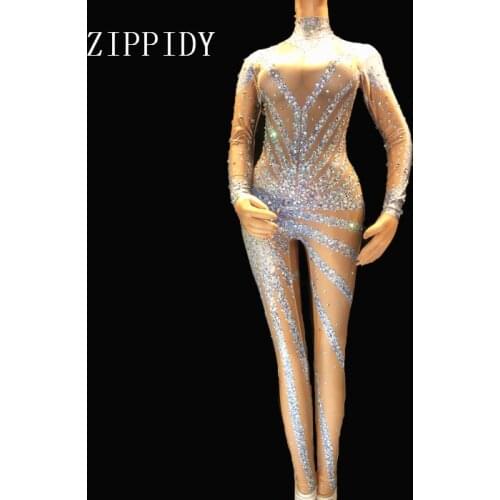 Silver Shining Rhinestones Bodysuit Women Sexy Leggings Stage Performance Wear Singer Show Costume Big Stretch Jumpsuit
