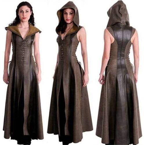 Cosplay Medieval Robe Leather Hooded Maxi Cloak Sleeveless Costumes Halloween Warrior Women Assassin Creed Long Dress