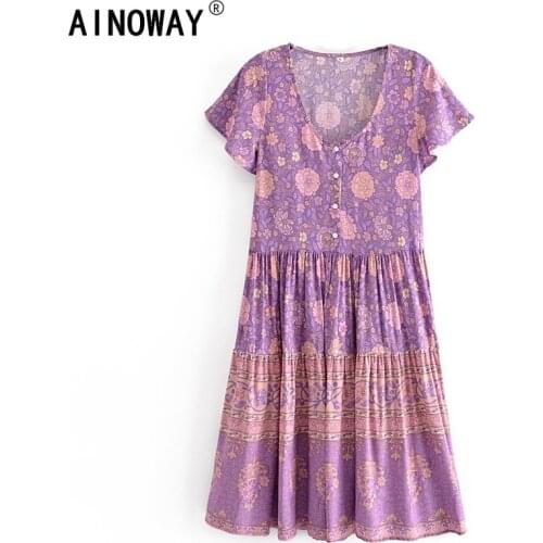 Vintage chic Boho women Floral print short sleeve sashes beach Bohemian mini dress Ladies botton V neck happie dress vestidos