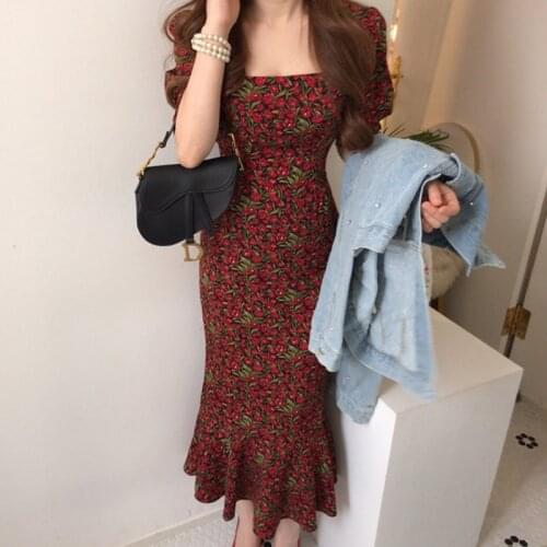 Vintage Floral Mermaid Long Party Dress Women 2021 Summer Elegant Bodycon Robe Chic Korean Fashion Square Neck Dresses