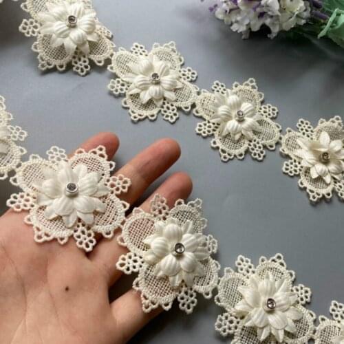 1 yard Ivory Pearl Beaded Embroidered Flower Lace Trim Floral Applique Patches Fabric Sewing Craft Vintage Wedding Dress New