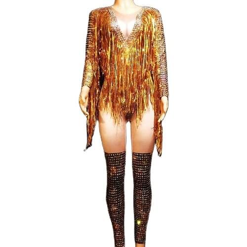Shining Gold Diamond Crystal Fringes Jumpsuit Nightclub Singer Performance Stage Wear Long Sleeve Evening Prom Celebrate Costume