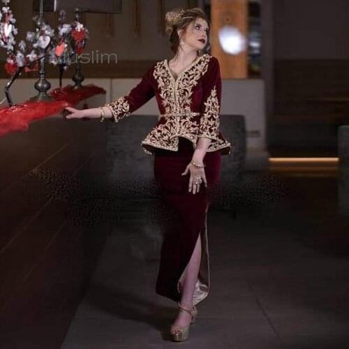 Burgundy Mermaid Karakou Algerian Evening Dresses Long Sleeves Jacket Skirt Velvet Prom Dress Appliques Lace Party Gowns 2021