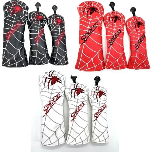 White/Red/Black PU Leather with Spider Embroidery Wood Head Cover Golf Club Driver Fairway Wood FW Hybrid Head Cover
