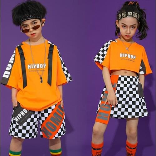 Childrens Hip Hop Costume Girls Jazz Dance Clothes Tops Pants Plaid Short Sleeve Hip-Hop Outfits Street Dance Stage Wear BL5761