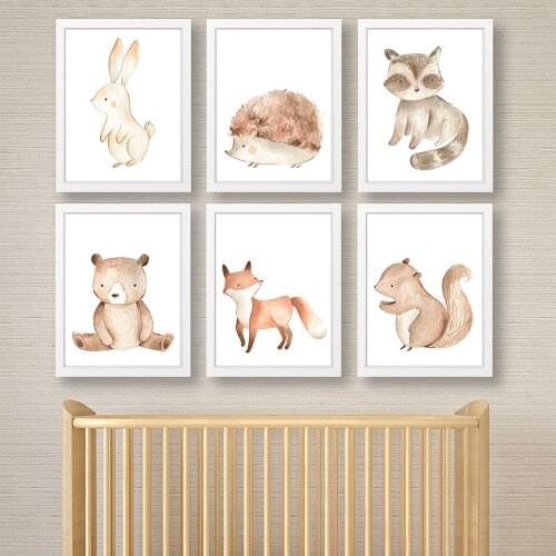 Nursery Animal Poster Safari Rabbit Fox Squirrel Cute Cartoon Kindergarten Children Room Decorative Painting Baby Room Decor