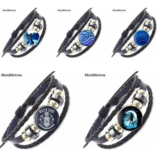 For Unisex Hot Sale Glass Cabochon Black Leather Bracelet Bangle Water Tribe