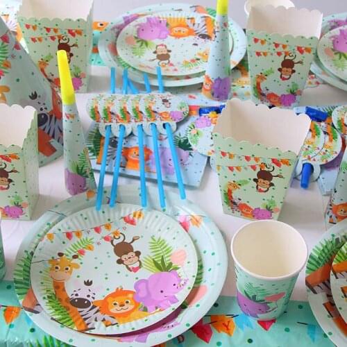 Hot Jungle Animal Party Disposable Tableware Tablecloth Banner Napkins Wooden Cutlery Decor Wedding Birthday Baby Shower Supplie