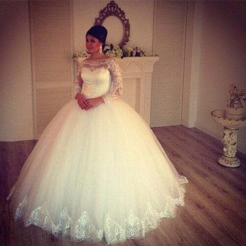 Long Sleeve Lace Ball Gown Vestido de noiva Boat Neck Wedding Party Dress Plus Size
