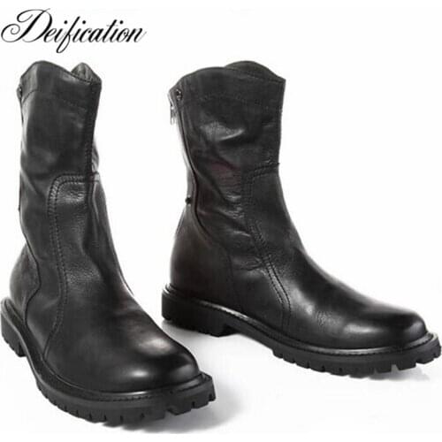 Deification Luxury Black Chelsea Boots Back zipper Falt Martin Boots Men Handmade Motorcycle Cowboy Boots Mid-Calf Botas Hombre