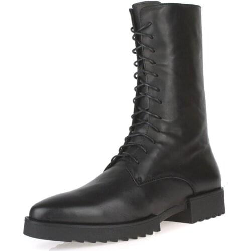 Motorcycle Lace Up Mens High Top Mid-calf Boots Winter Genuine Leather Military Safety Shoes Male Med Heels Runway Riding Boots