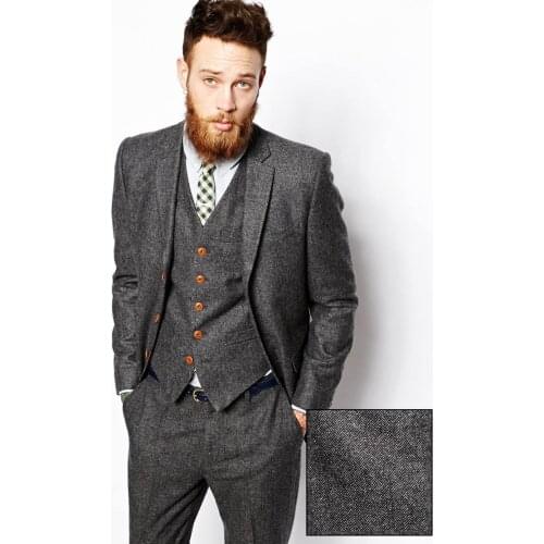 2018 Latest Coat Pant Designs Smoking Grey Tweed Men Suit Slim Fit 3 Piece Skinny Tuxedo Custom Groom Suits Blazer Masculino