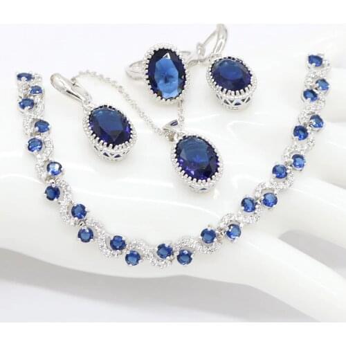 Round Blue Zircon Bridal Silver Trendy Pendant Necklace Earring Bracelet and Ring Jewelry Sets for Ladies Fashion Gift