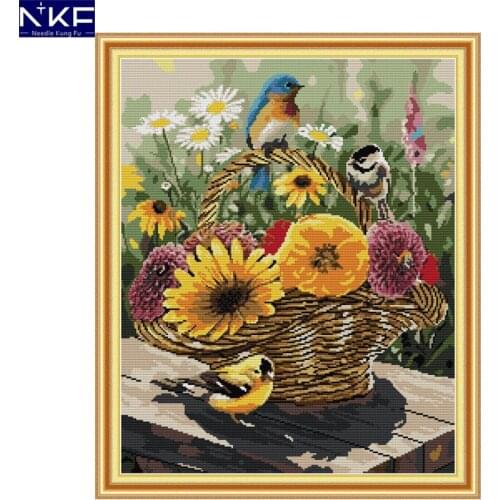 NKF Bird and Flower Basket Cross Stitch Set Handmade Craft Needlework Cross-Stitch Embroidery Kit Cross Stitch for Home Decor