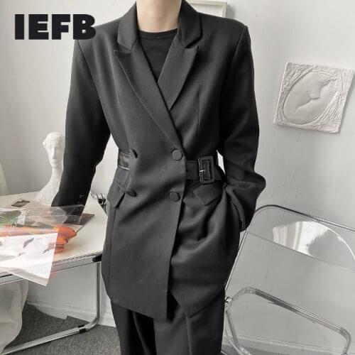 IEFB Autumn Japanese Style Design Black Suit Coat For Men 2021 New Slim Belt Decoration Korean Fashion Mid Length Blazers 9Y6127