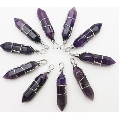 Amethysts Wire winding natural stone crystal pillar Pendants & necklaces for making Jewelry fashion Point 12pcs Free shipping